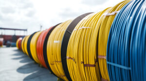 A row of cable reels in various colors, including yellow, red and blue, all neatly aligned. These reels appear to be set in an industrial area, ready for deployment in a network infrastructure.